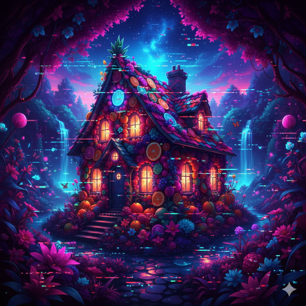 A simple cabin house outlined in neon blue with massive, glowing cyan crystals on the roof, and two ethereal glowing blue wolves in a desolate, dark, snowy landscape under a starry night. Heavily infused with a detailed digital glitch-art  effect.